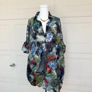 Oversized Y2K Abstract Floral Button Up Tunic Shirt Women’s OS Art Print Boho